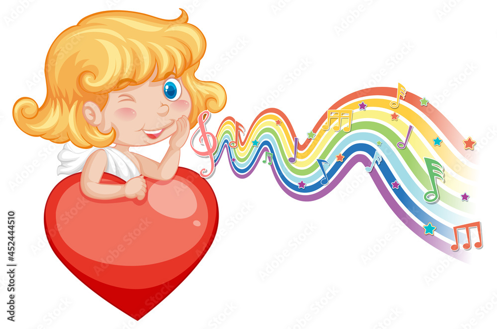 Sticker Cupid girl holding heart with melody symbols on rainbow wave