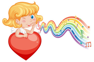 Cupid girl holding heart with melody symbols on rainbow wave