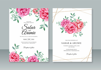 Beautiful wedding card invitation template with roses watercolor painting