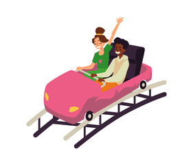 Couple riding roller-coaster attraction, flat vector illustration isolated.