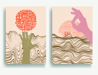 Contemporary art composition . Vector illustration . Modern sunset background . Minimal design brochure . Abstract geometric poster.