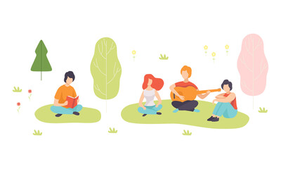 People Character Enjoying Nature Sitting on Grass Playing Guitar and Reading Book Vector Set