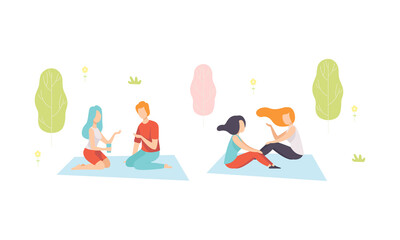 People Character Enjoying Picnic in Nature Sitting on Blanket and Talking Vector Set