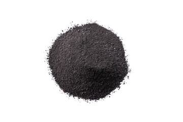 Dry black cosmetic clay isolated on white background. Heap of black charcoal cosmetic clay.