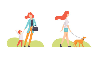 Woman Walking the Dog in the Park and Holding Kid by Hand Vector Set