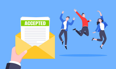 Job or university acceptance letter with envelope and paper sheets document email. Employment offer, college acceptance success or business email form flat style design vector illustration.