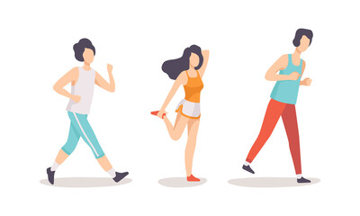 People Running and Jogging Doing Sport and Physical Exercise Training Body and Muscle Vector Set