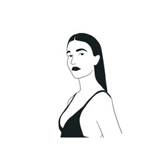 Sexy woman in black underwear or swimsuit hand drawn in graphic style. Isolated female figure. Vector design for logo. Yoga, beauty salon, fitness