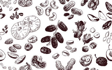 Hand drawn illustration, seamless pattern with nuts, seeds and dried fruits