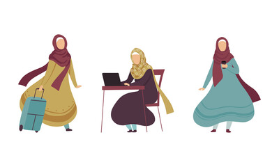 Muslim Woman in Hijab Working at Laptop and Travelling with Suitcase Vector Set