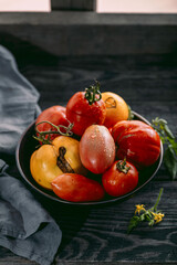Multicolored tomatoes of different sizes and types in a dark dish and rustic background