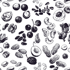 Hand drawn illustration, seamless pattern with nuts and dried fruits - obrazy, fototapety, plakaty
