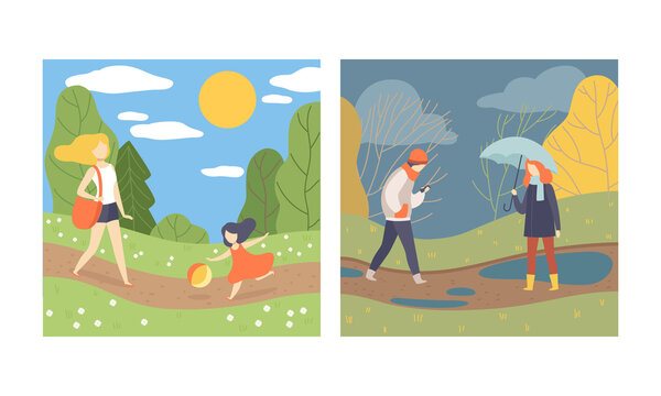 Season Scene With People Character Walking In Rainy Autumn Day And Sunny Summer Vector Set