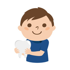 歯医者のイラスト。白い歯を持ってる男性歯科医。