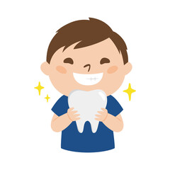 歯医者のイラスト。白い歯を持って笑っている男性歯科医。