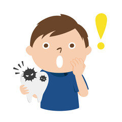 歯医者のイラスト。虫歯菌が付いた歯を持ってビックリしてる男性歯科医。