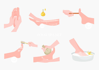 Spa center service flat vector illustrations set. Foot spa,  feet massage, female body care. Wellness center procedures and equipment pack. Spa foot therapy.Health care and body relaxation.