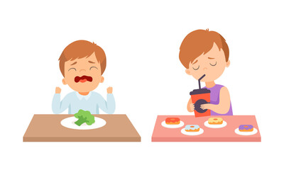 Little Boy at Table Showing Dislike and Disgust Towards Broccoli and Enjoying Drinking Soda and Fast Food Vector Set