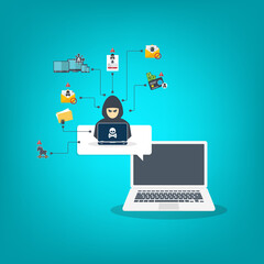 Hacker with laptop computer stealing confidential data, personal information and credit card detail. Hacking concept