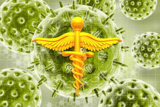 Caduceus medical symbol on scientific background. 3d illustration
