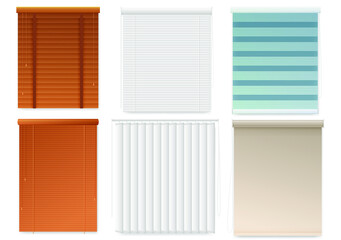 Window blinds or shutters template, realistic set. Vector blank mockup of closed louvers, front view. Window decor or sunlight protection. Vertical textile or metal curtain. - obrazy, fototapety, plakaty