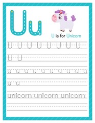 Trace letter U uppercase and lowercase. Alphabet tracing practice preschool worksheet for kids learning English with cute cartoon animal. Activity page for Pre K, kindergarten. Vector illustration