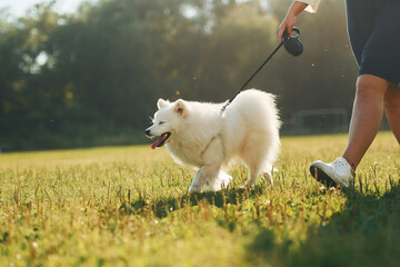 Close up view. Woman with her dog is having fun on the field at sunny daytime