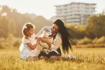 Playful mood. Woman and little girl have a walk with dog on the field at sunny daytime