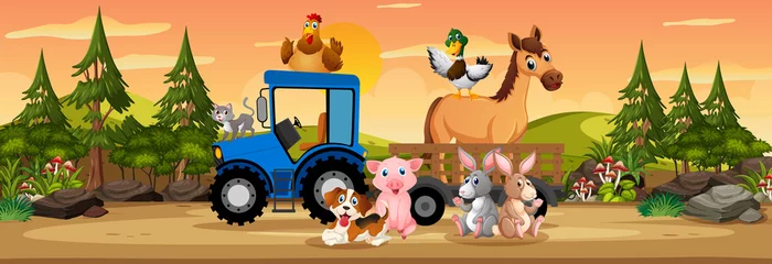Poster Panorama landscape scene with various farm animals in the farm © brgfx