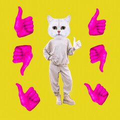 Stylish minimal collage scene. Funny Cat character like and .dislike.  Social networks, promotion concept.