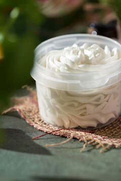 Whipped Shea butter. Organic cosmetics with herbal ingredients. Concept of the organic cosmetics.