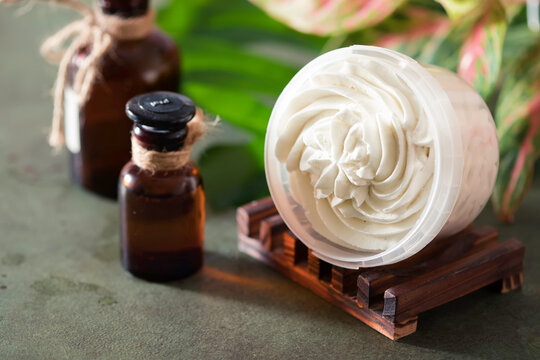 Whipped Shea butter. Organic cosmetics with herbal ingredients. Concept of the organic cosmetics.