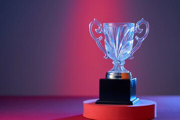 close up of crystal trophy on colored background