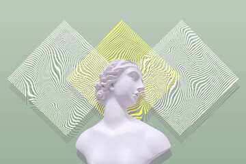 Contemporary collage. Sculpture of a woman on an olive background with a geometric pattern.