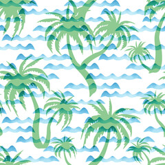 Palm trees and sea waves seamless pattern. Tropical summer print. Silhouettes of coconut palm on the background of the ocean. 
