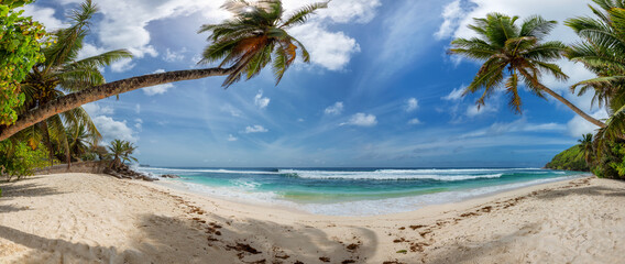 Panorama of Sunny beach with palms and turquoise sea.  Summer vacation and tropical beach concept.  