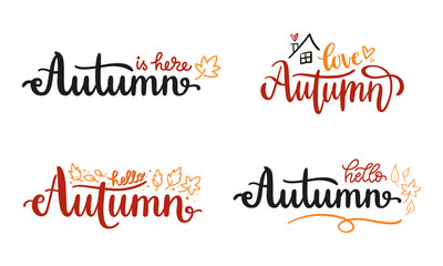 Fototapeta na wymiar Set of handwritten lettering phrases for Autumn season. Vector typography compositions with leaves isolated on white background. Fall quotes for social media, postcard, web banner or print. 