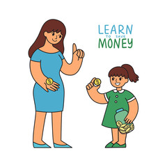 Doodle vector illustration for pocket money for kids concept. Child holding jar with coins in hand. Cartoon character of mother teaches her daughter to save money. Financial education for children.