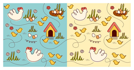 Seamless children's background of a chicken and chickens walking. Chickens walk among the grass, eggs and a chicken house. © Алена Габидуллина