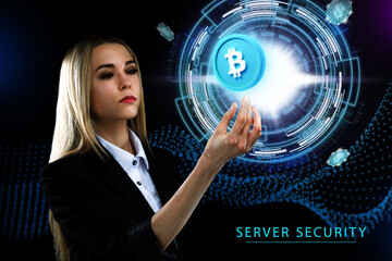 Business, Technology, Internet and network concept. Young businessman working on a virtual screen of the future and sees the inscription: Server security