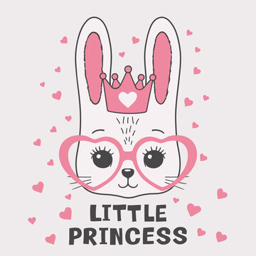Cute little rabbit face with pink crown, heart glasses. Little Princess slogan. Vector illustration for children print design, kids t-shirt, baby wear