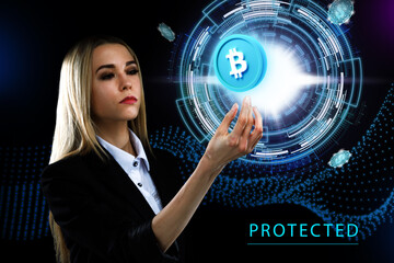 Business, Technology, Internet and network concept. Young businessman working on a virtual screen of the future and sees the inscription: Protected