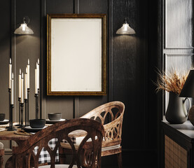Frame mockup in dark vintage interior with wooden furniture, 3d render