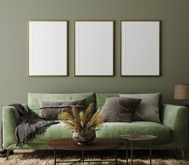 Poster mockup in home interior with green sofa, table and decor, 3d render