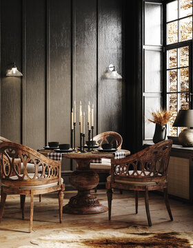 Dark vintage interior with wooden furniture, 3d render