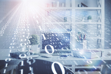 Double exposure of data theme drawing and office interior background. Concept of technology.