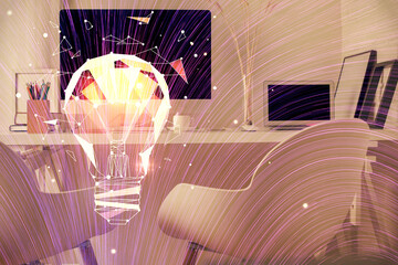Double exposure of bulb and office interior background. Concept of idea.