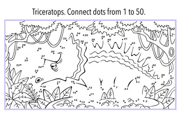 Triceratops. Dot to Dot. Connect the dots from 1 to 50. Game for kids. Vector illustration. © AngArt