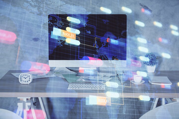 Multi exposure of data theme drawing and office interior background. Concept of technology.