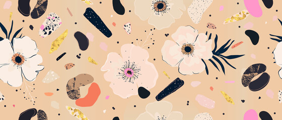 Hand drawn print with anemone flower and leopard skin. Trendy collage contemporary seamless pattern. Pastel palette. © MURRIRA